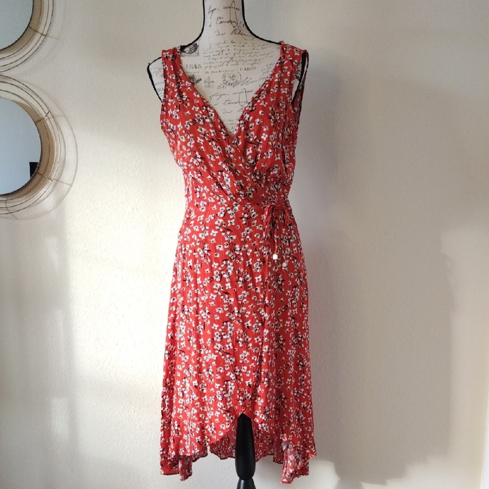 Amiana Reddish Orange and White Asymmetrical Wrap Sundress Size M